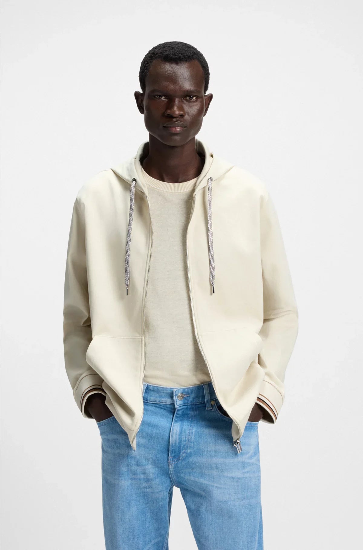 COTTON-BLEND ZIP-UP HOODIE WITH PATTERNED DRAWCORDS