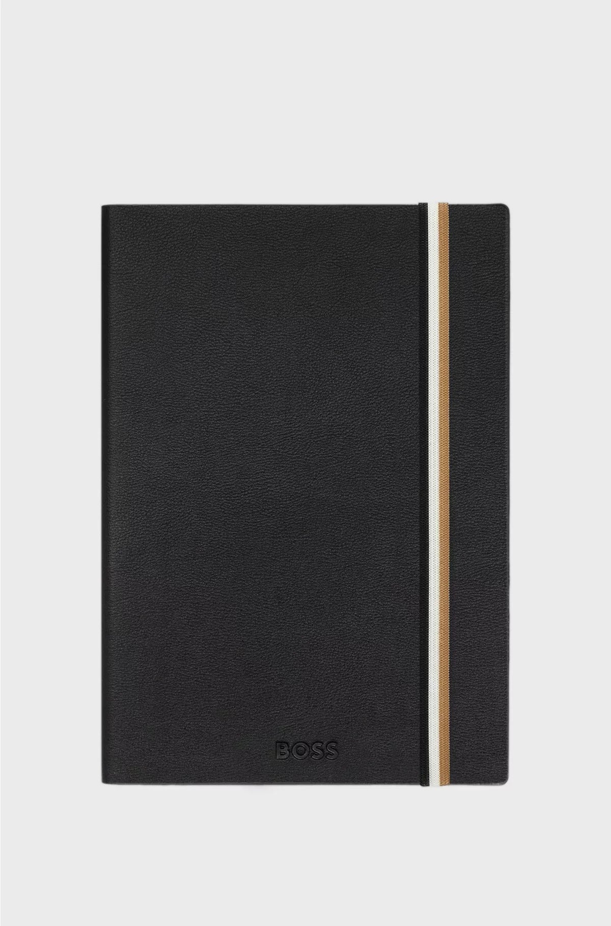 BLACK FAUX-LEATHER A5 NOTEBOOK WITH SIGNATURE-STRIPE STRAP