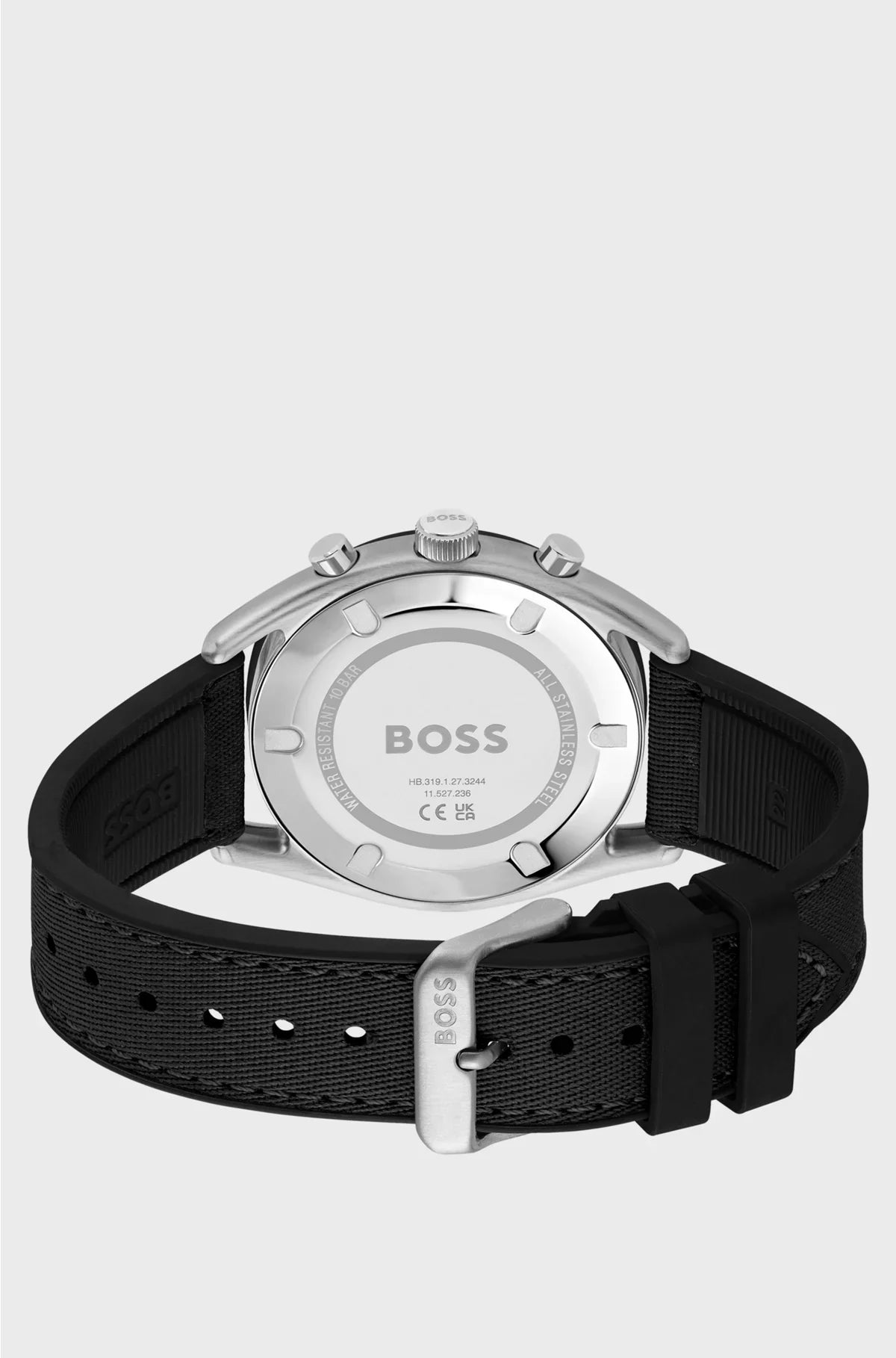 OROLOGIO CRONOGRAFO CON QUADRANTE NERO E CINTURINO IN SILICONE E TESSUTO