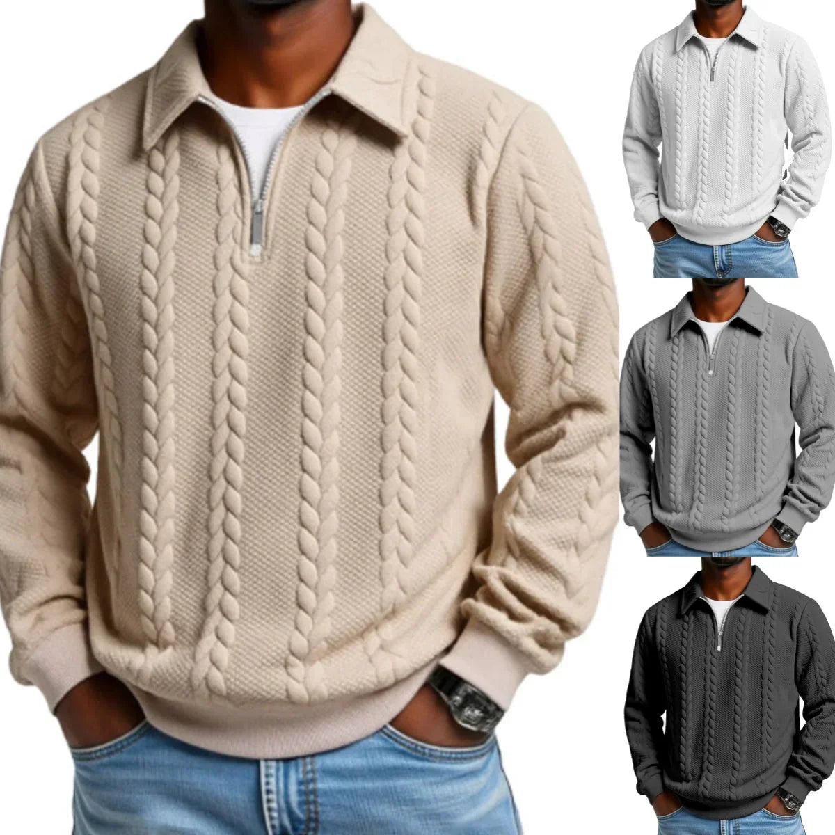 Maglione da uomo casual a mezza zip in maglia a trecce