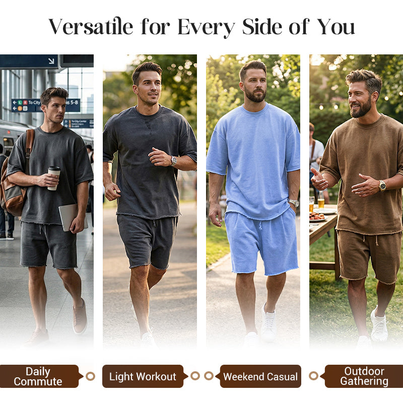 Completo da uomo due pezzi casual tinta unita con pantaloncini