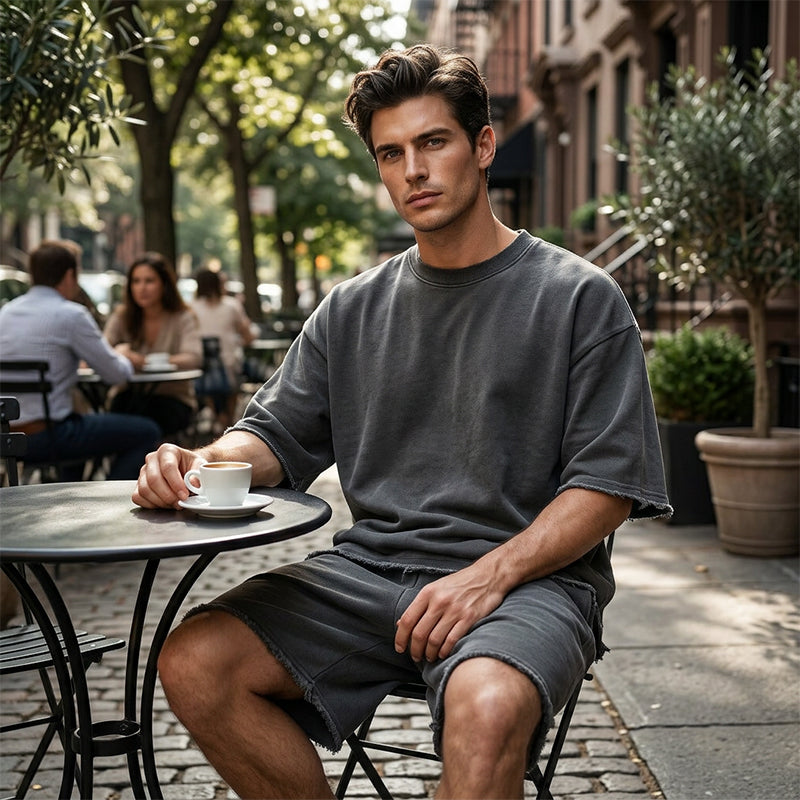 Completo da uomo due pezzi casual tinta unita con pantaloncini