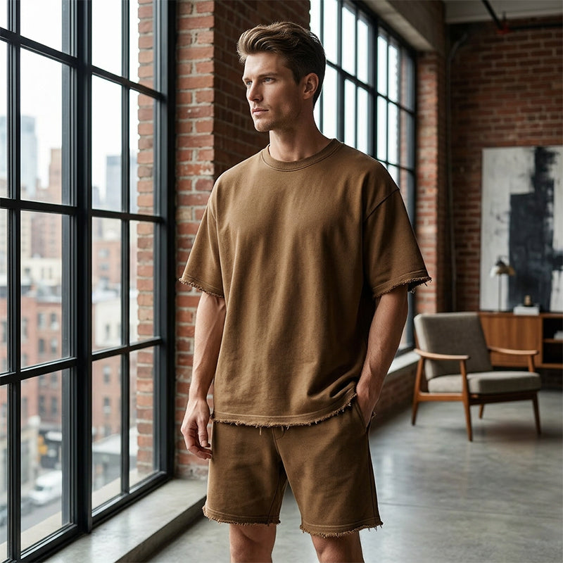 Completo da uomo due pezzi casual tinta unita con pantaloncini