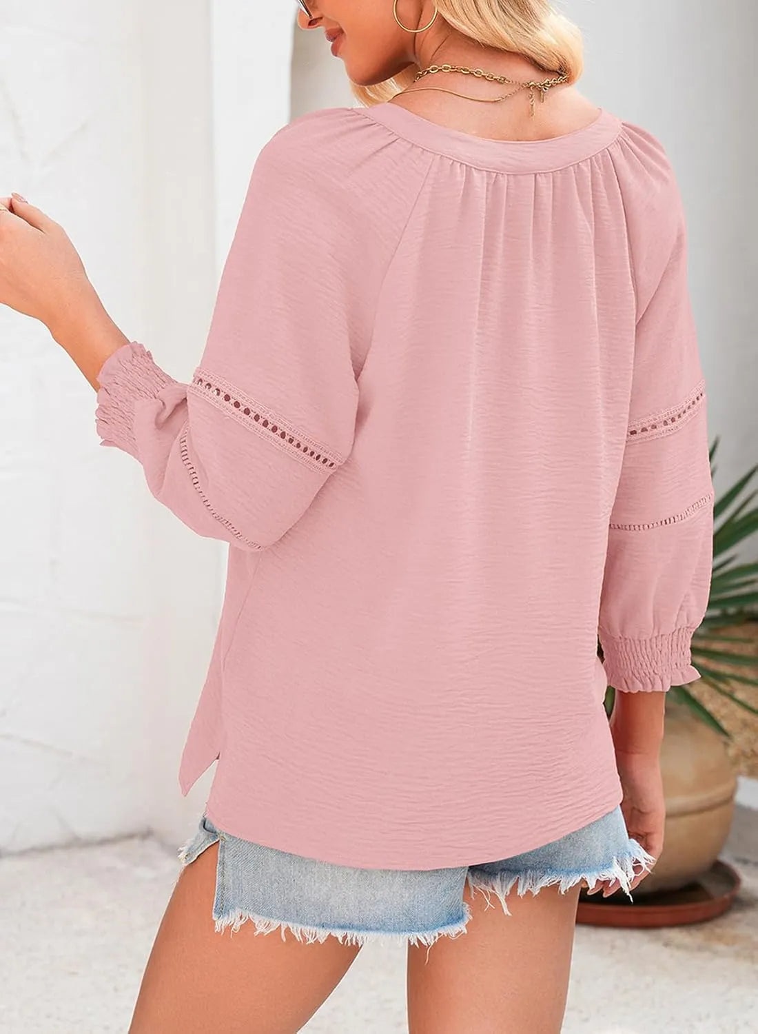 ⏳Time-Limited Special⏰Womens 3/4 Lantern Sleeve Casual V-Neck T-Shirts Pleated Loose Hollow-Out Blouse