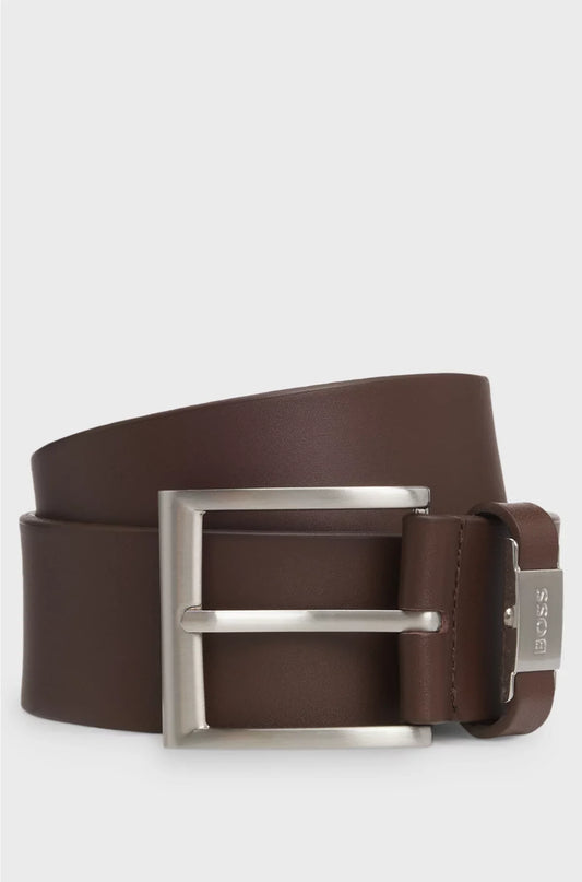 ITALIAN-LEATHER BELT WITH LOGO KEEPER AND BRUSHED HARDWARE