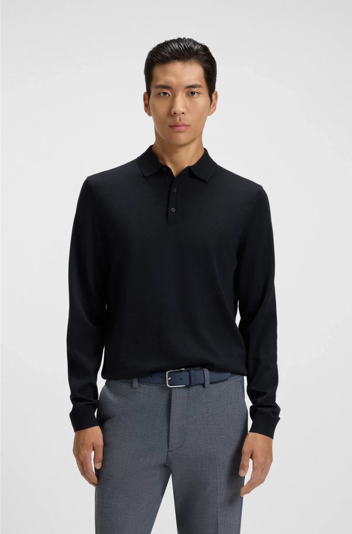 LONG-SLEEVED KNIT POLO SWEATER IN ITALIAN VIRGIN WOOL