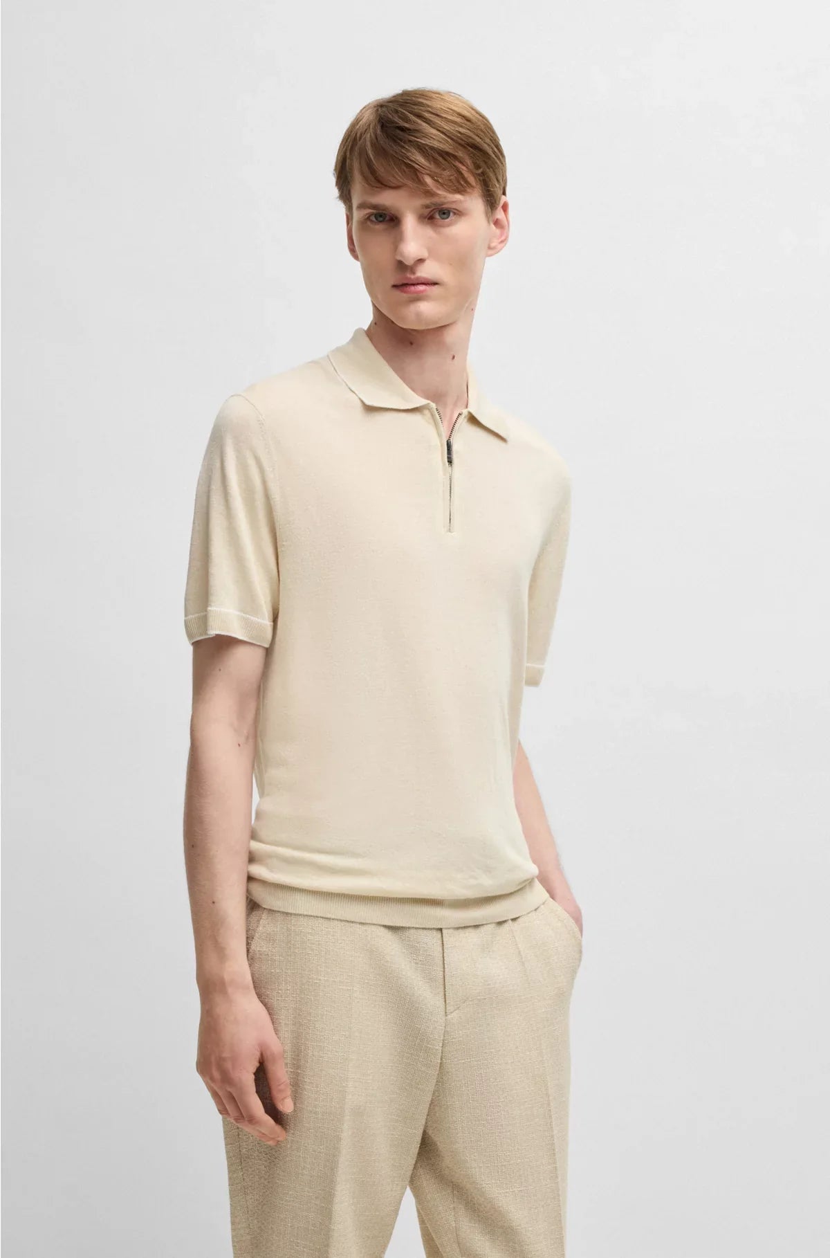 LINEN-BLEND KNIT SWEATER WITH ZIP PLACKET