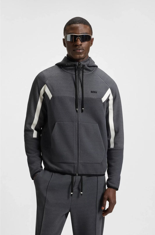 FELPA CON CAPPUCCIO REGULAR FIT IN JACQUARD TRAPUNTATO CON ZIP