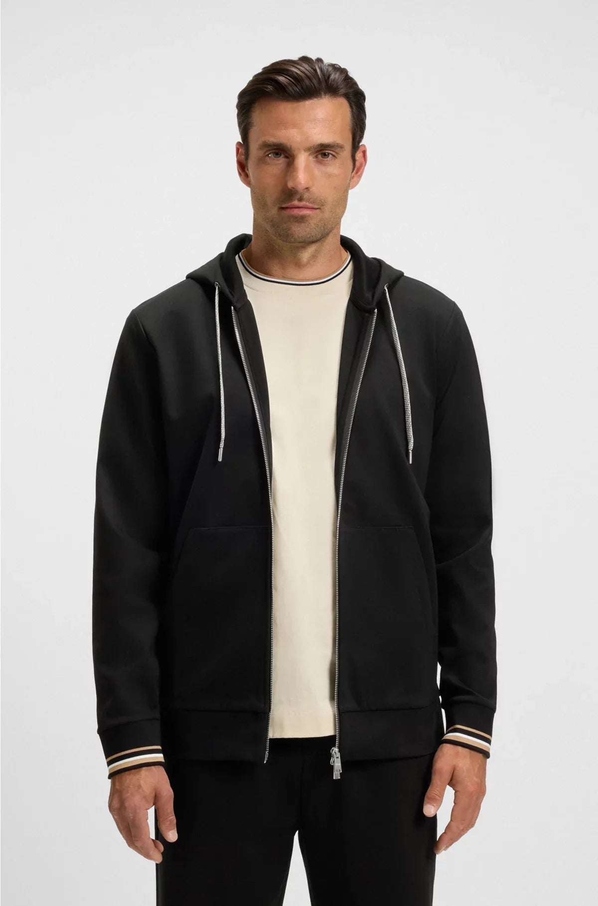COTTON-BLEND ZIP-UP HOODIE WITH PATTERNED DRAWCORDS