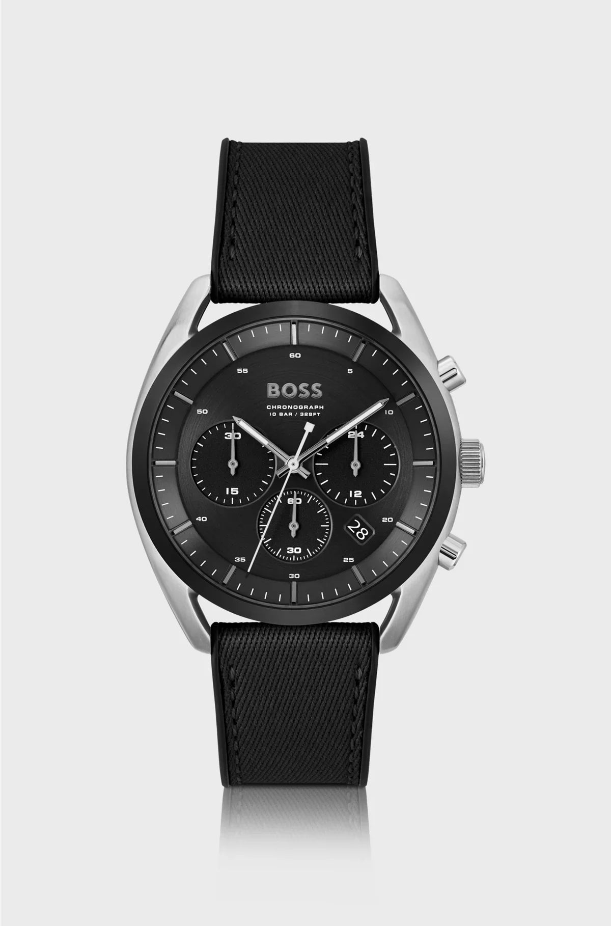 OROLOGIO CRONOGRAFO CON QUADRANTE NERO E CINTURINO IN SILICONE E TESSUTO