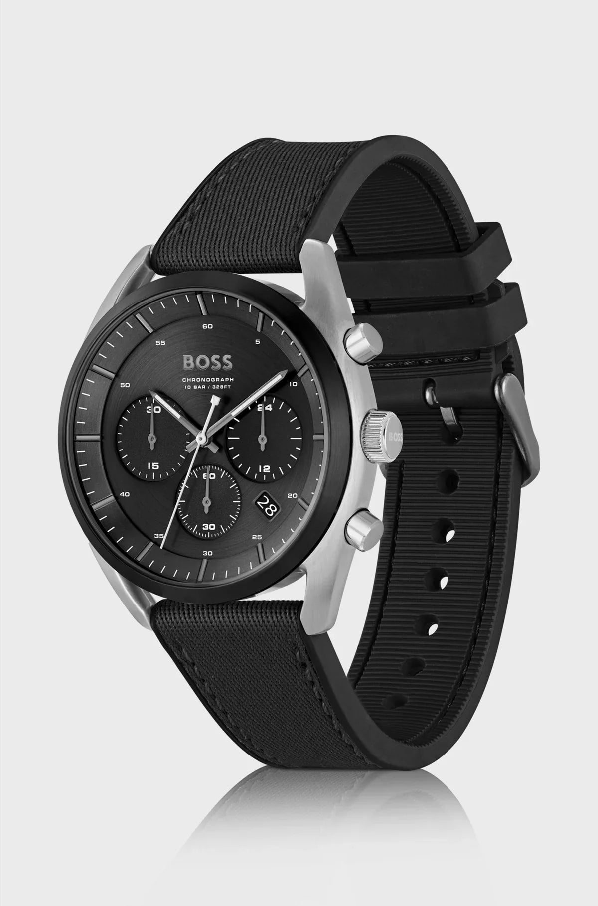 OROLOGIO CRONOGRAFO CON QUADRANTE NERO E CINTURINO IN SILICONE E TESSUTO