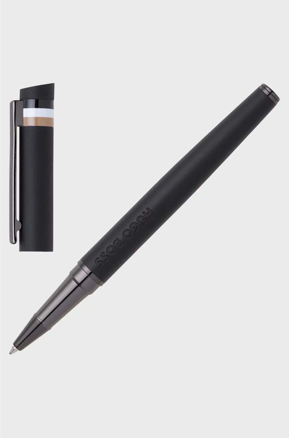 BLACK LOGO-DETAIL ROLLERBALL PEN WITH SIGNATURE-STRIPE CAP