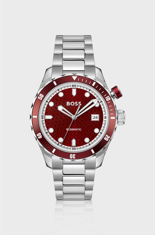 OROLOGIO AUTOMATICO COLOR ARGENTO CON QUADRANTE TESTURIZZATO CON MONOGRAMMA ROSSO
