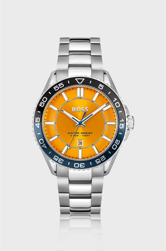 OROLOGIO COLOR ARGENTO CON QUADRANTE ARANCIONE E GHIERA GIREVOLE