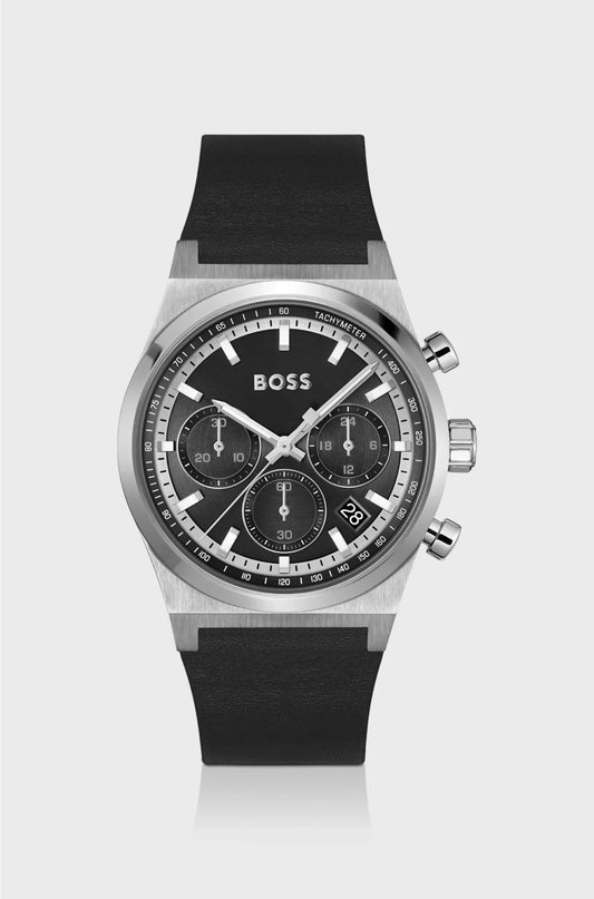 OROLOGIO CRONOGRAFO COLOR ARGENTO CON CINTURINO IN PELLE NERA