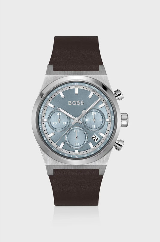 OROLOGIO CRONOGRAFO COLOR ARGENTO CON CINTURINO IN PELLE MARRONE