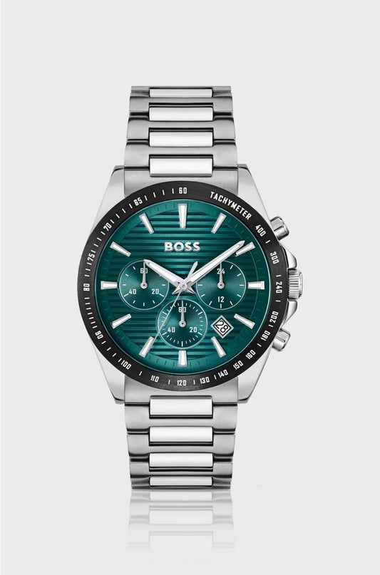 CRONOGRAFO CON BRACCIALE A MAGLIE E QUADRANTE SCANALATO VERDE