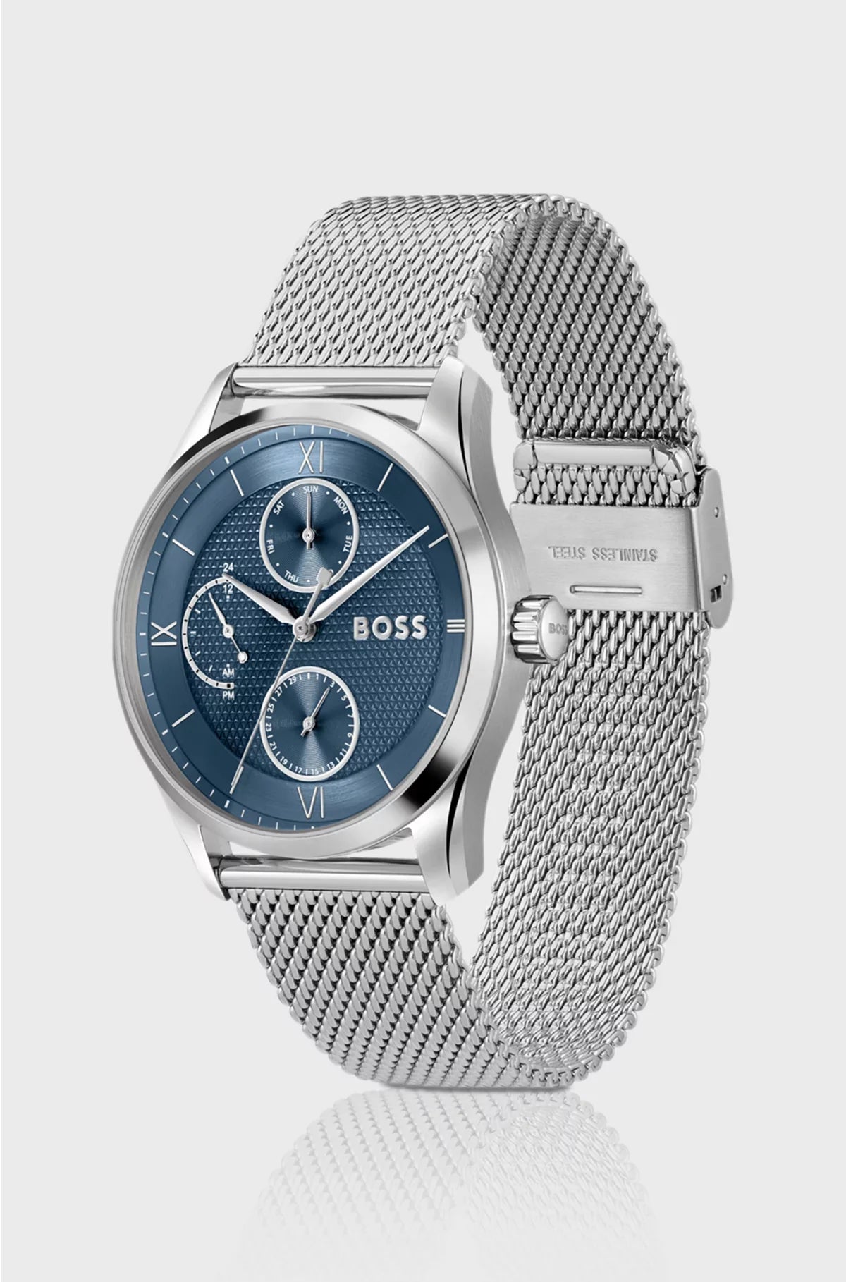 OROLOGIO CON QUADRANTE BLU E BRACCIALE A MAGLIE MILANESI