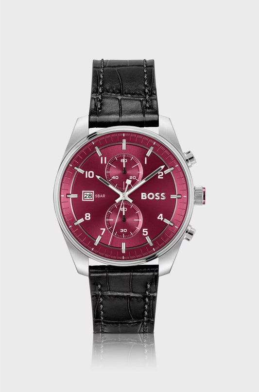 OROLOGIO CRONOGRAFO COLOR ARGENTO CON CINTURINO IN PELLE GOFFRATA EFFETTO ALLIGATORE