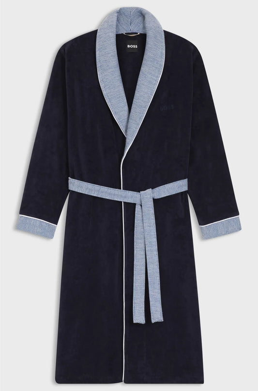 NAVY COTTON-VELVET DRESSING GOWN WITH EMBROIDERED LOGO