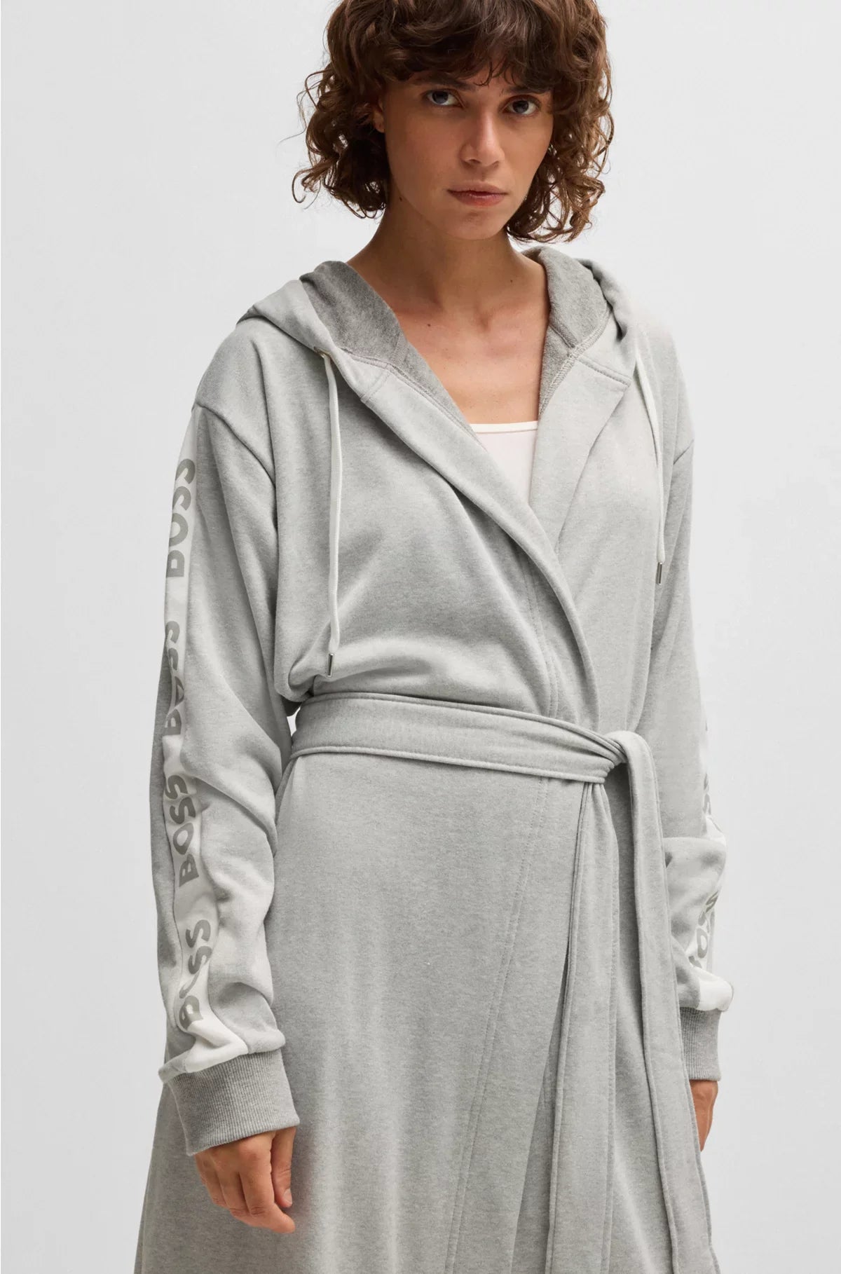 HOODED GREY DRESSING GOWN WITH LOGO-PRINT SLEEVES