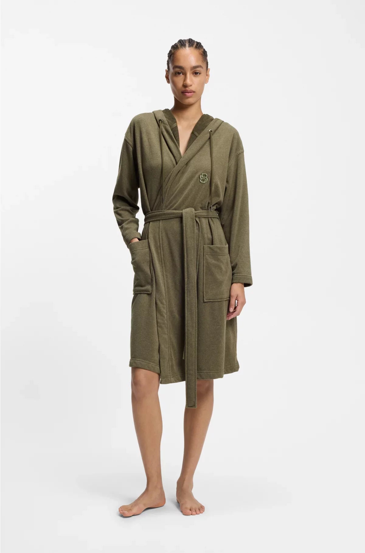 HOODED BATHROBE IN COTTON JERSEY WITH DOUBLE B MONOGRAM