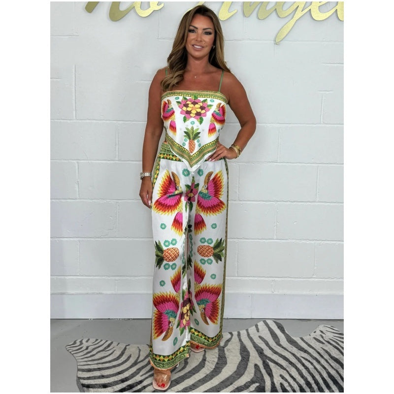 🔥New Arrival 60% OFF⚡50K+ SOLD!💝Spaghetti Strap Printed Top & Loose Women's Pants 2-Piece Set