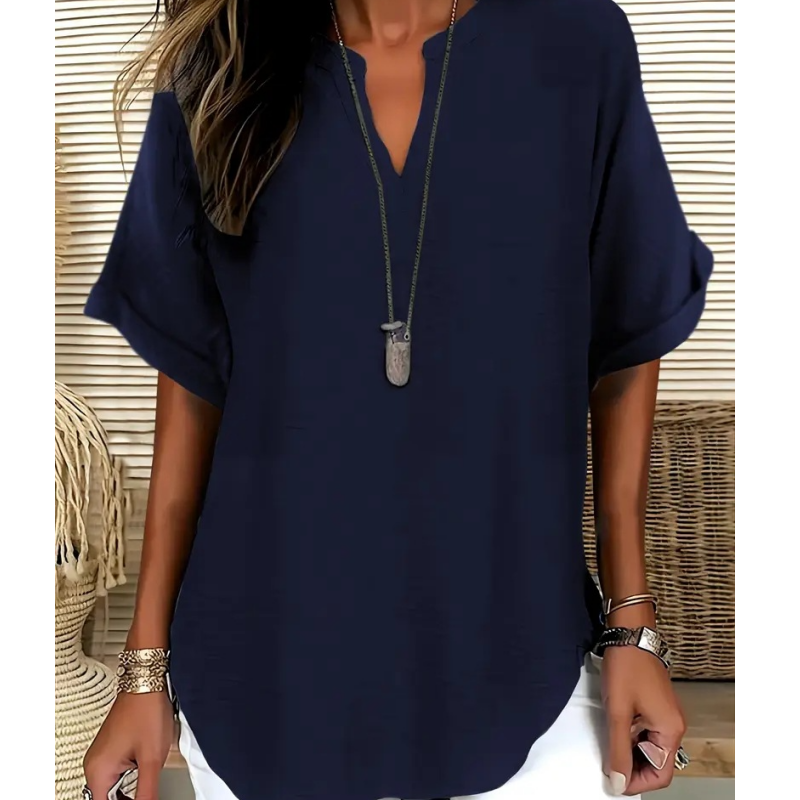 💎 60% OFF! 💎 Fashion Loose Short Sleeve Top – Notched V-Neck, Asymmetrical Hem & Lightweight Fabric (5 Colors, S–2XL) 👕🌸