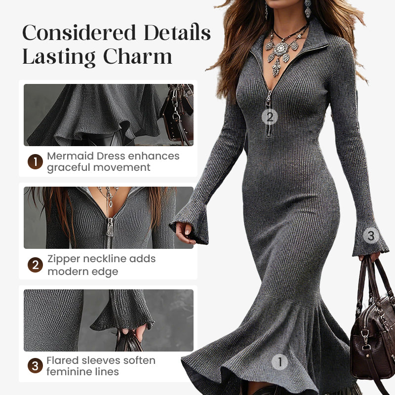 🎁Nuovi Arrivi 2026 SCONTO 50%💥Abito midi retrò con scollo a zip e maniche a tromba