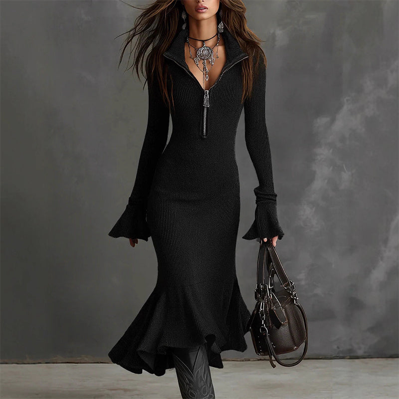 🎁Nuovi Arrivi 2026 SCONTO 50%💥Abito midi retrò con scollo a zip e maniche a tromba