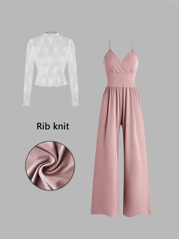 Two-piece set for women: lace top and jumpsuit with pockets
