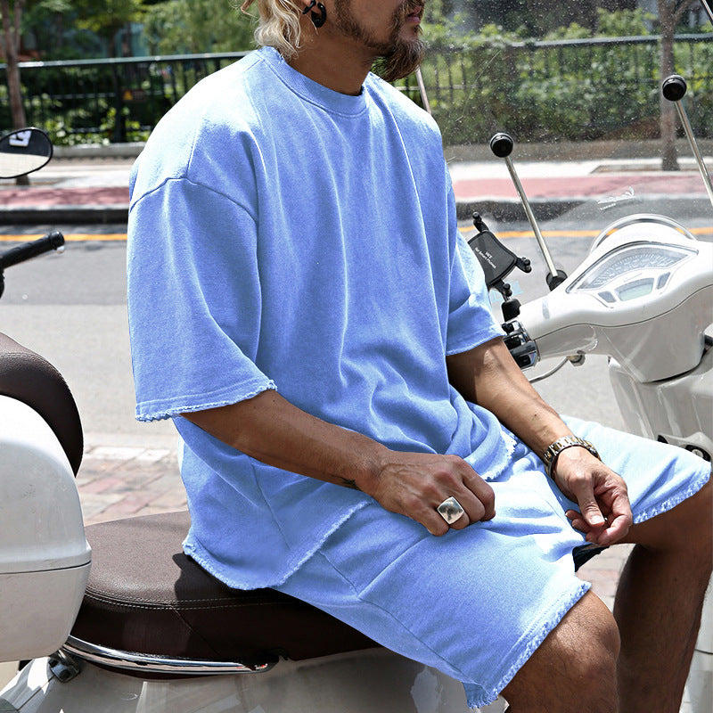 Completo da uomo due pezzi casual tinta unita con pantaloncini