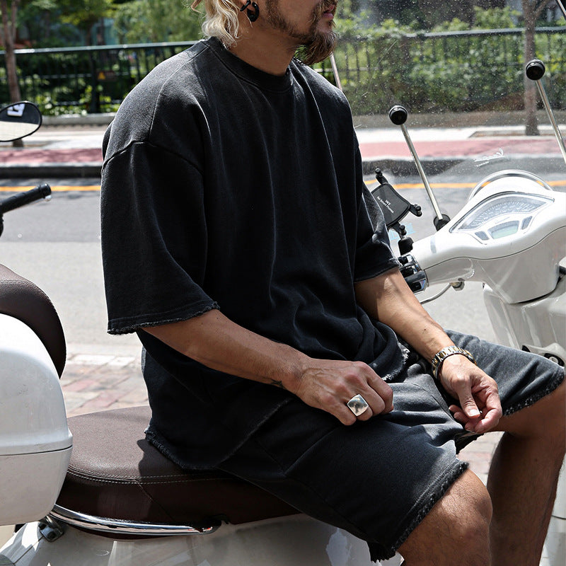 Completo da uomo due pezzi casual tinta unita con pantaloncini