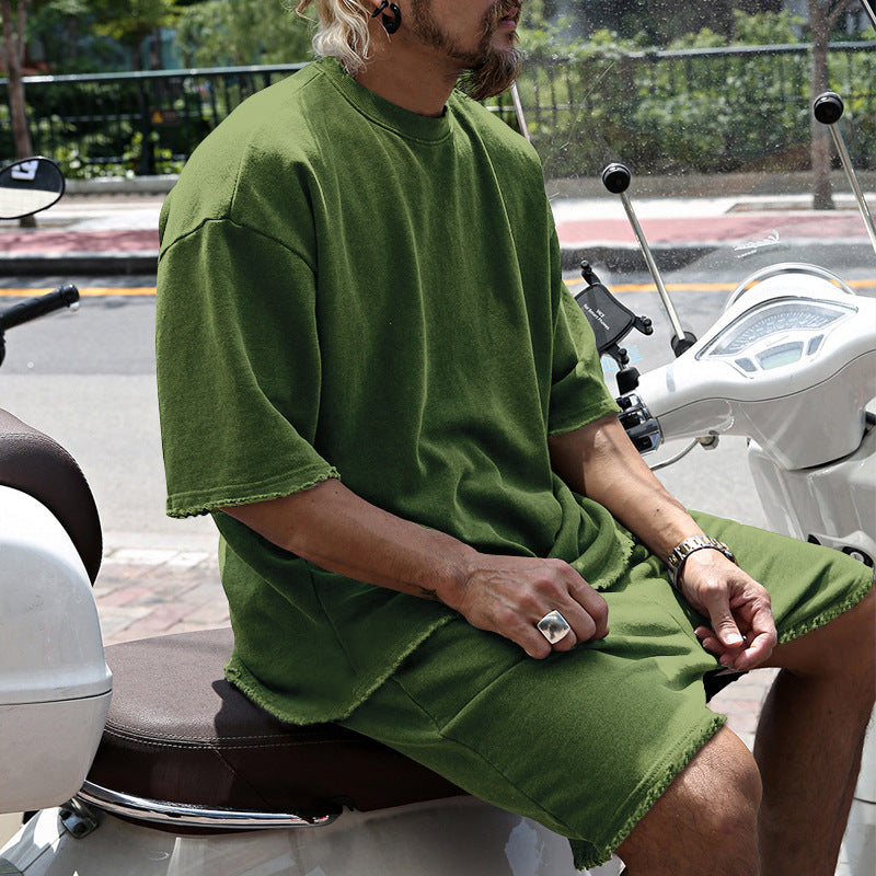 Completo da uomo due pezzi casual tinta unita con pantaloncini