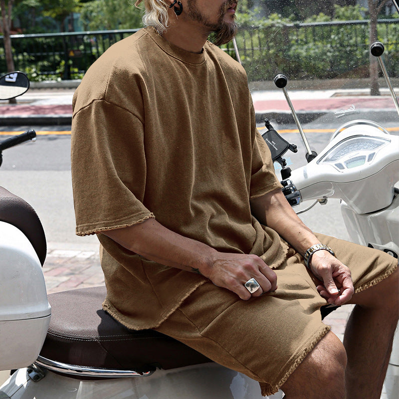 Completo da uomo due pezzi casual tinta unita con pantaloncini