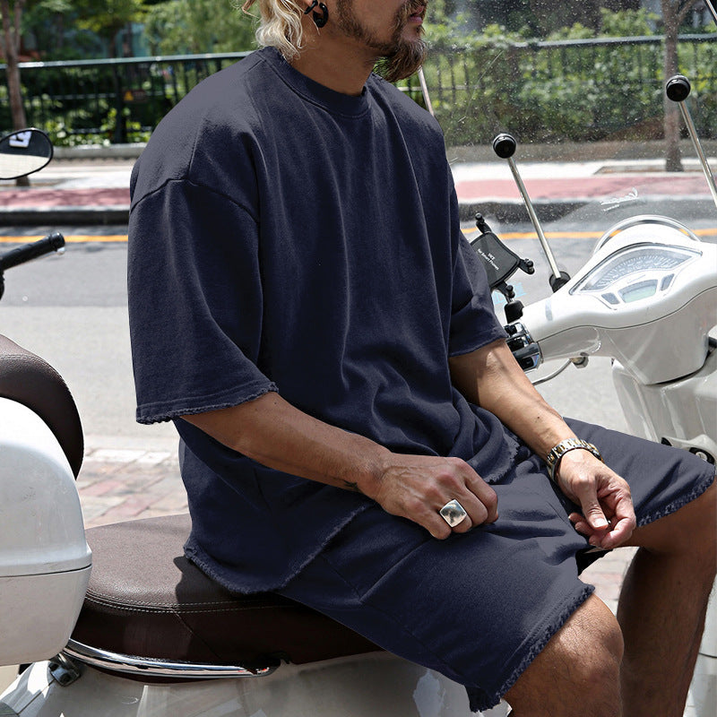 Completo da uomo due pezzi casual tinta unita con pantaloncini