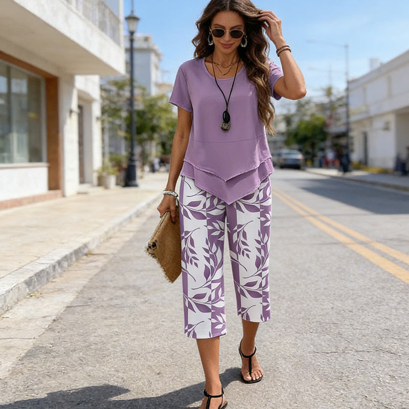 👗 LIMITED TIME: 50% OFF! 🔥 Women's 2-Piece Set – Layered Asymmetrical Tunic Top & Printed Wide Leg Pants, Breathable Polyester ✨