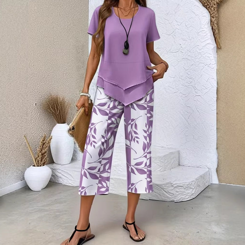 👗 LIMITED TIME: 50% OFF! 🔥 Women's 2-Piece Set – Layered Asymmetrical Tunic Top & Printed Wide Leg Pants, Breathable Polyester ✨