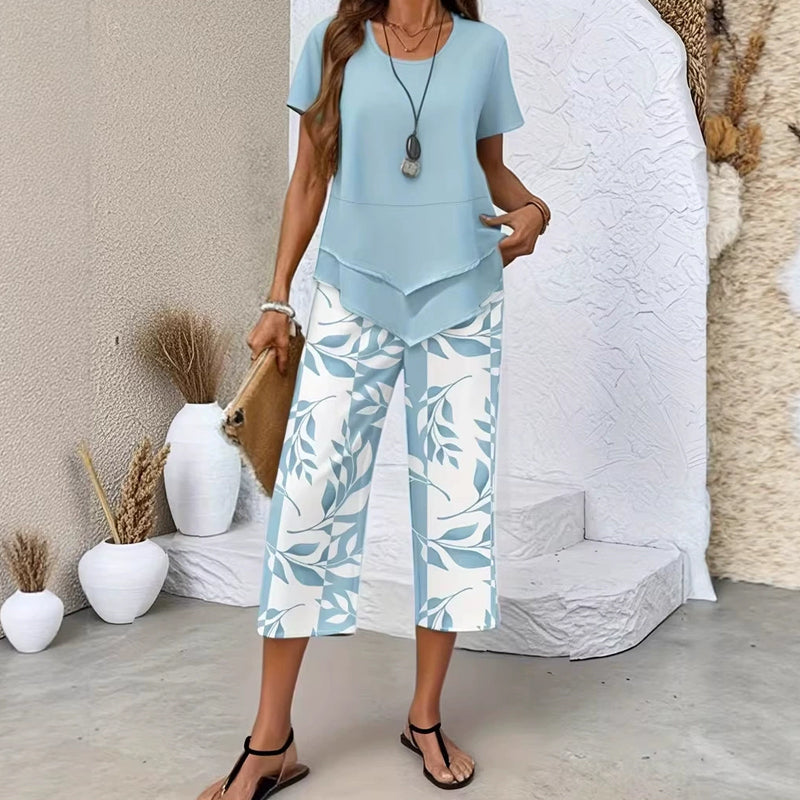 👗 LIMITED TIME: 50% OFF! 🔥 Women's 2-Piece Set – Layered Asymmetrical Tunic Top & Printed Wide Leg Pants, Breathable Polyester ✨