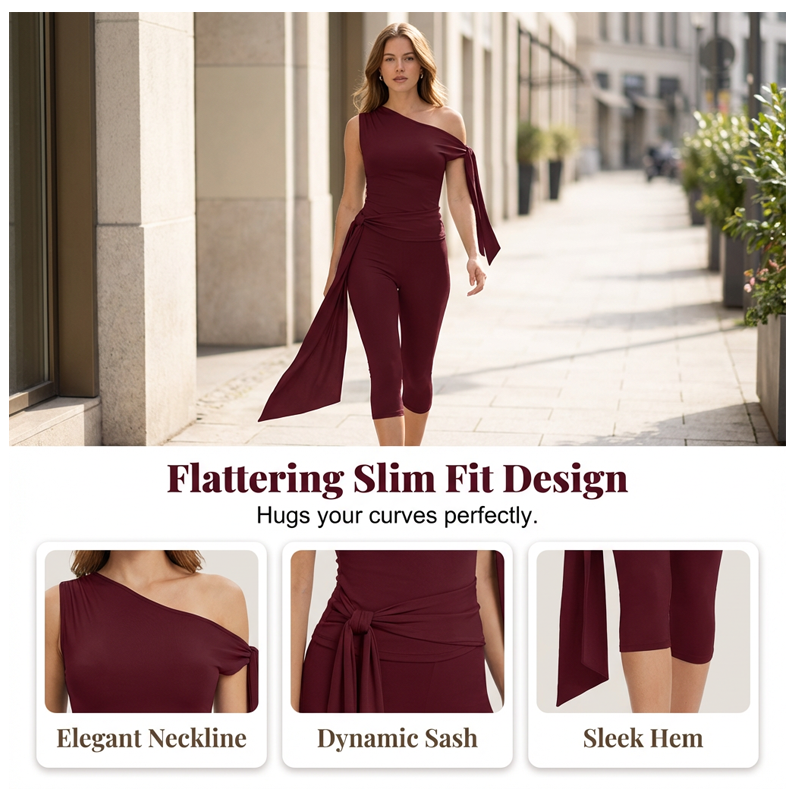 One-Shoulder Top & Capri Pants 2-Piece Set